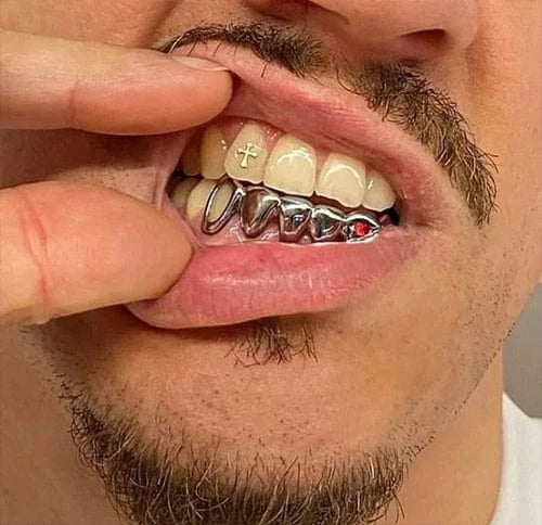 silver grillz, 6 silver teeth, holy cross tooth gems