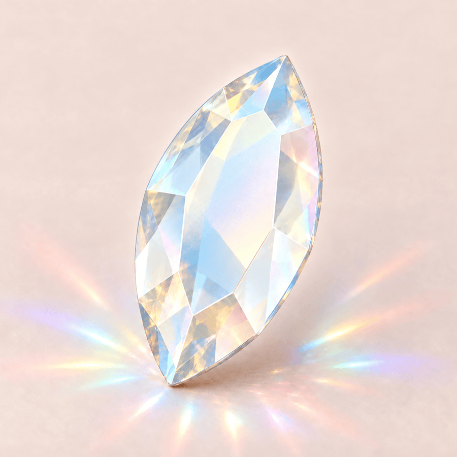 Swarovski Navette Crystal Shimmer Tooth gems — shown greatly enlarged